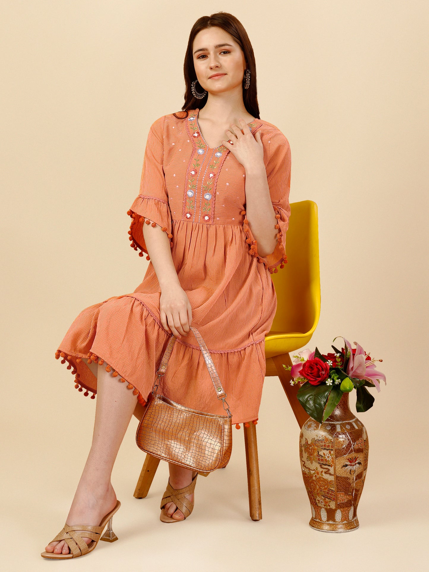 Orange Flared Georgette Round Neck Tunic