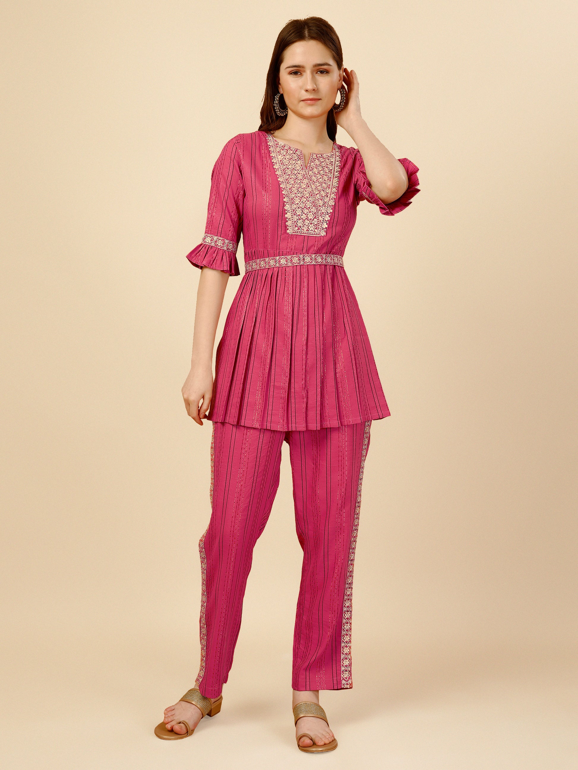 Pink Embroidered Polyester V-Neck Co-ord Set