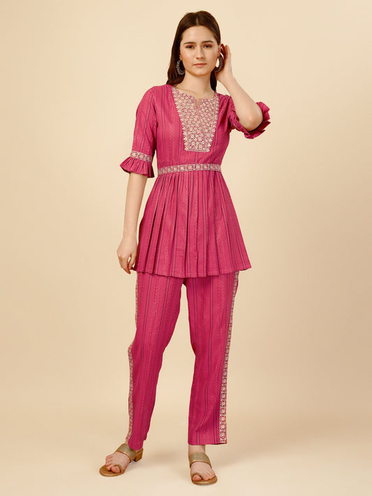 Pink Embroidered Polyester V-Neck Co-ord Set