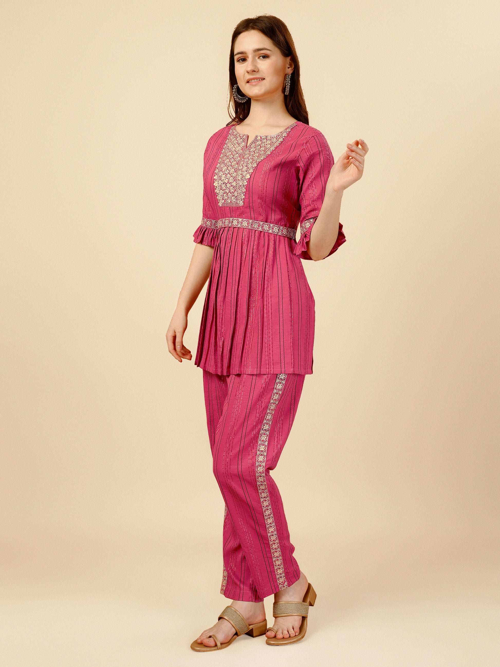 Pink Embroidered Polyester V-Neck Co-ord Set