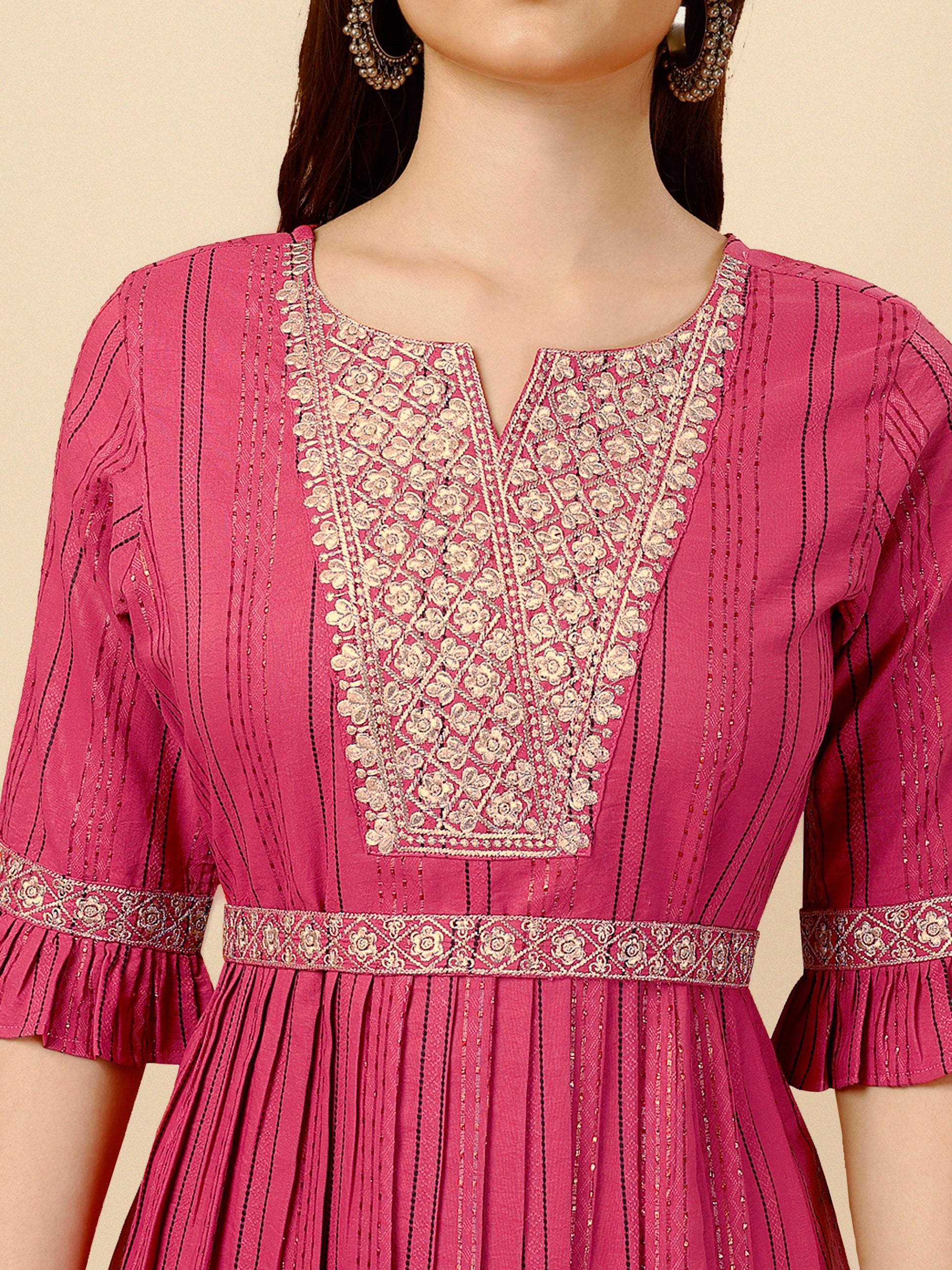 Pink Embroidered Polyester V-Neck Co-ord Set