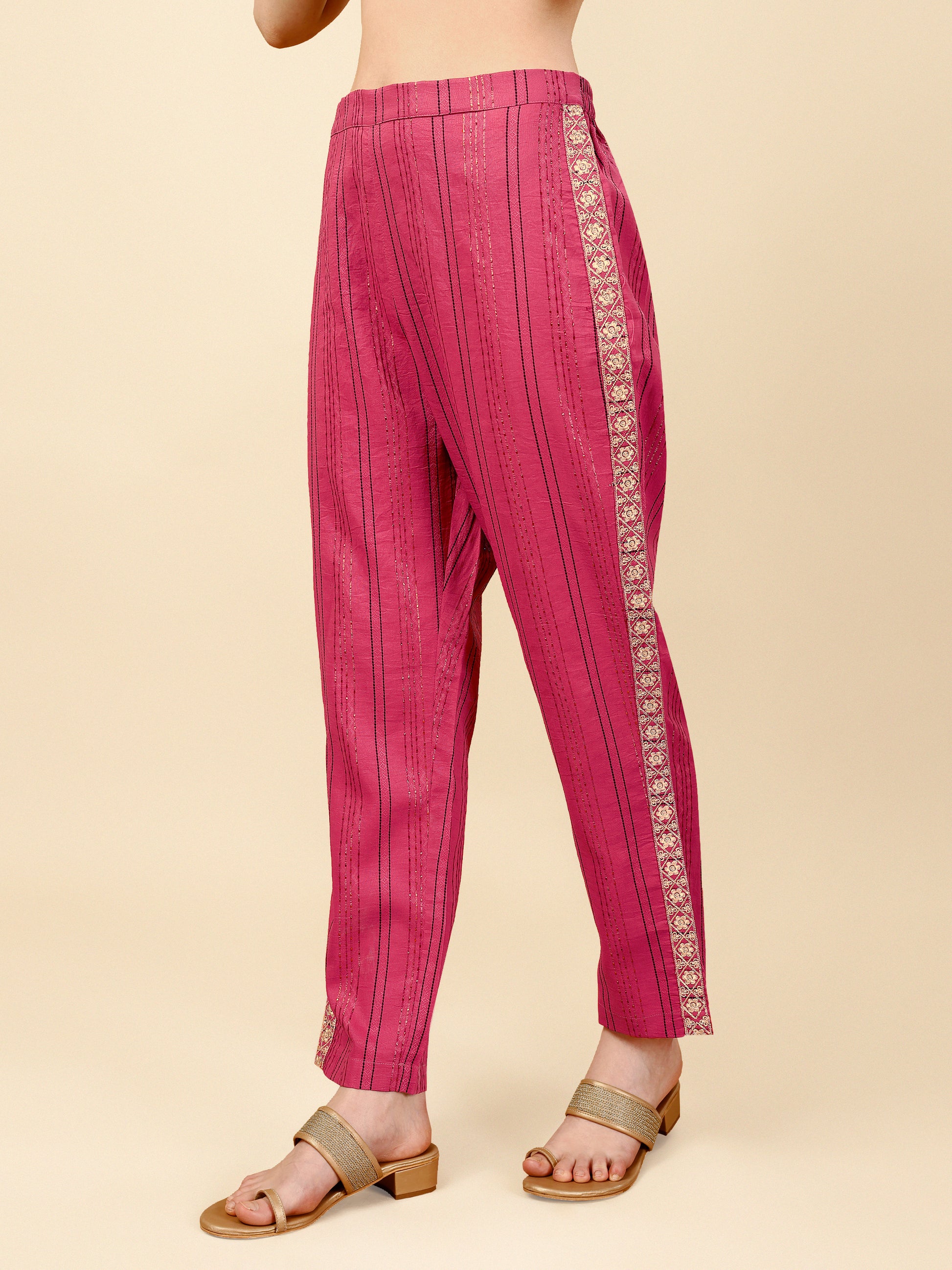 Pink Embroidered Polyester V-Neck Co-ord Set