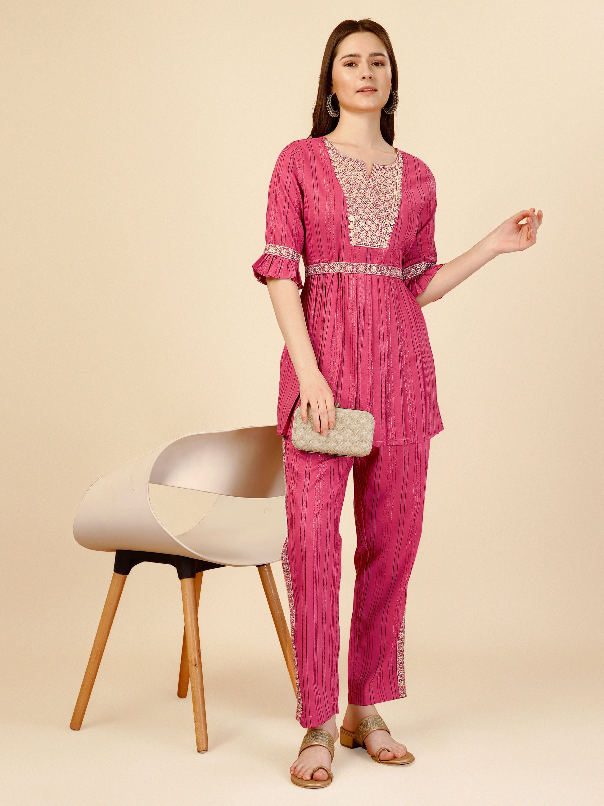 Pink Embroidered Polyester V-Neck Co-ord Set