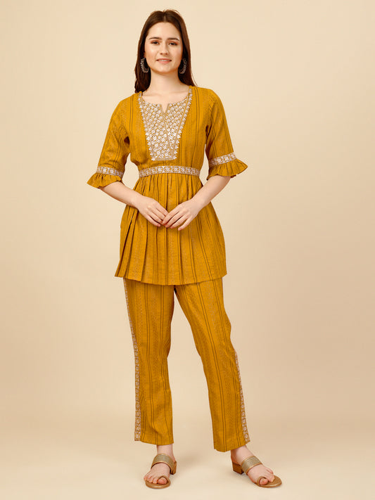 Yellow Embroidered Polyester V-Neck Co-ord Set