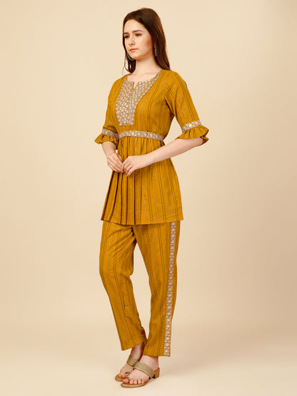 Yellow Embroidered Polyester V-Neck Co-ord Set