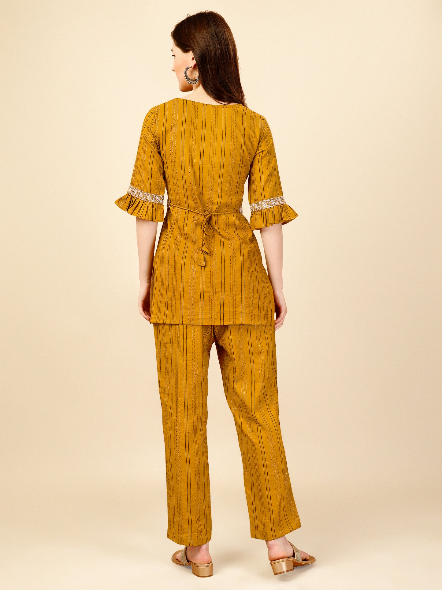 Yellow Embroidered Polyester V-Neck Co-ord Set