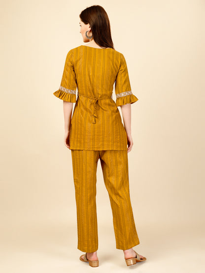 Yellow Embroidered Polyester V-Neck Co-ord Set
