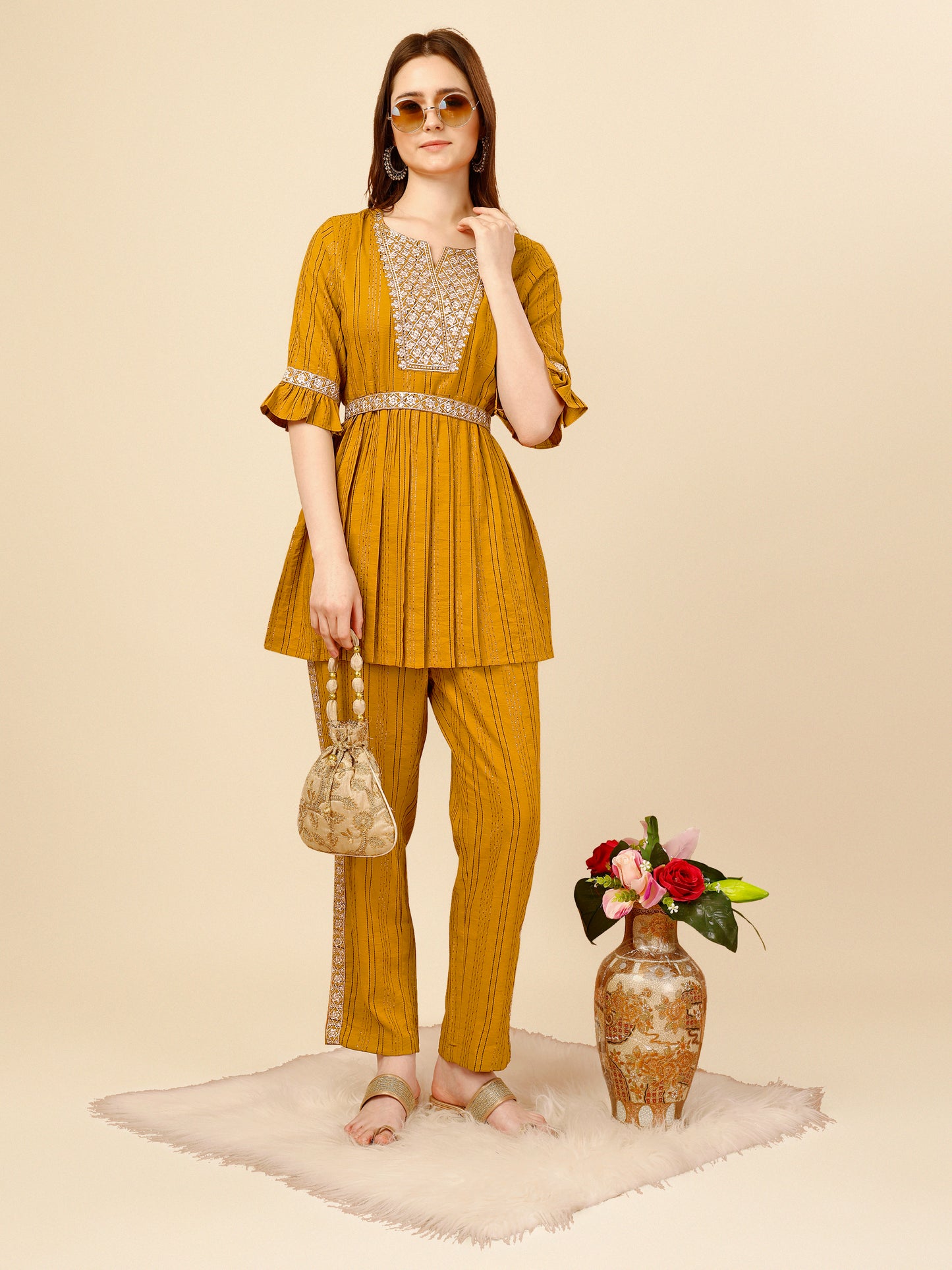 Yellow Embroidered Polyester V-Neck Co-ord Set