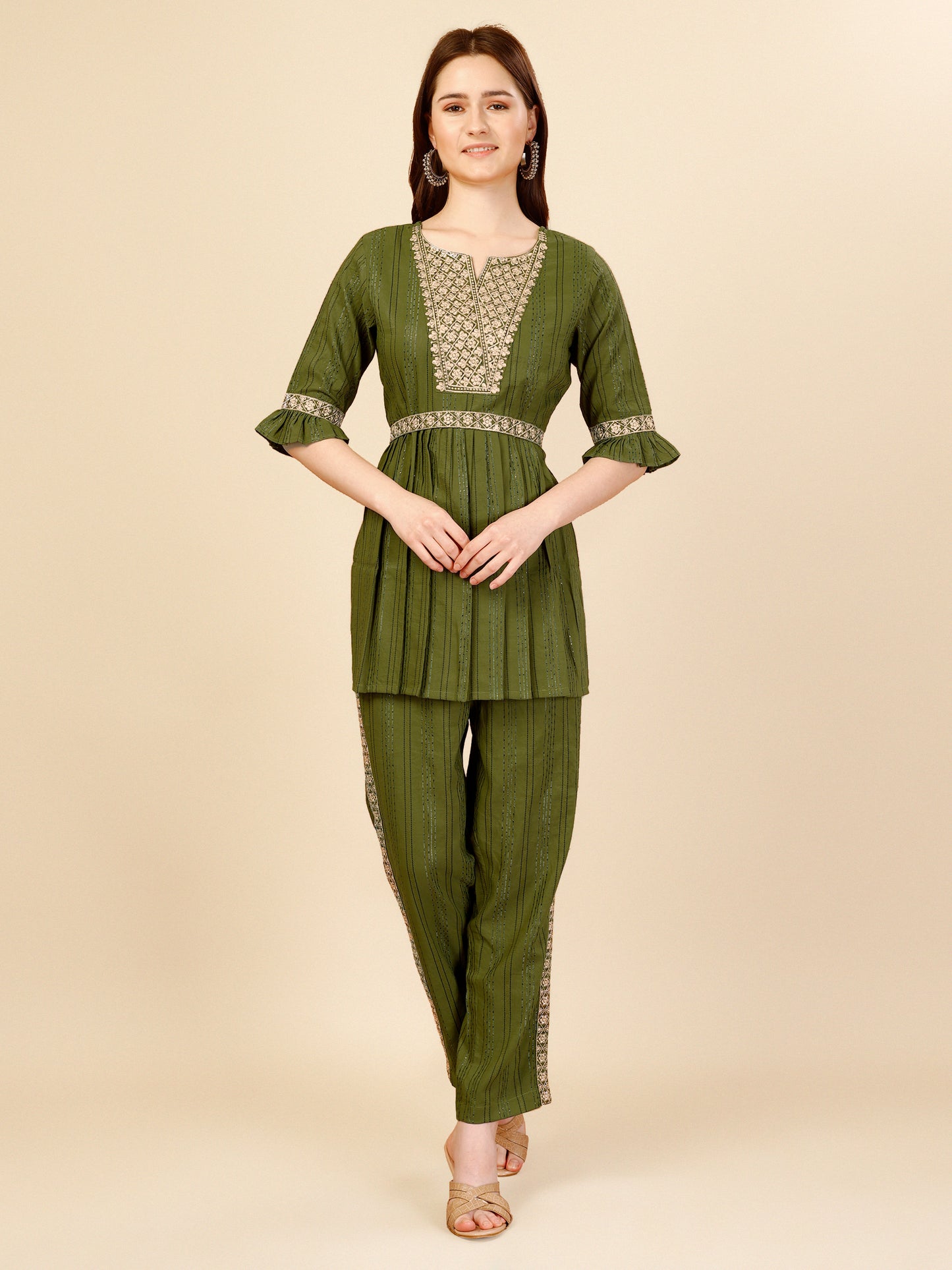 Green Embroidered Polyester V-Neck Co-ord Set