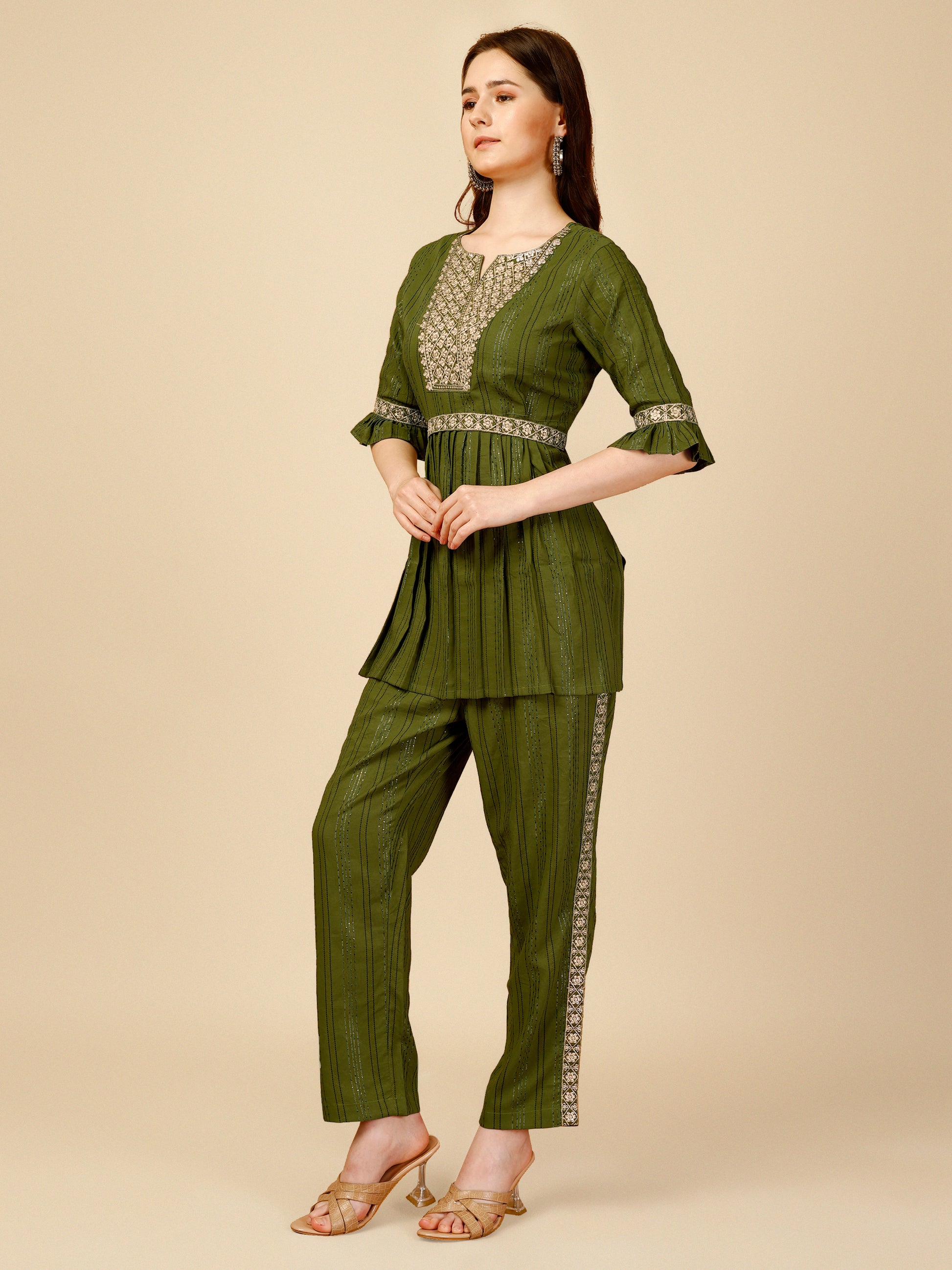 Green Embroidered Polyester V-Neck Co-ord Set