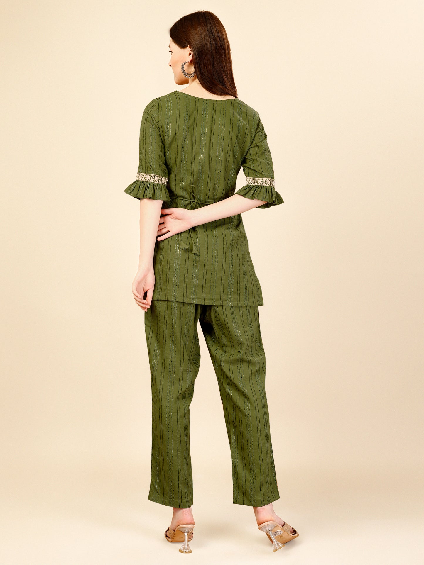 Green Embroidered Polyester V-Neck Co-ord Set