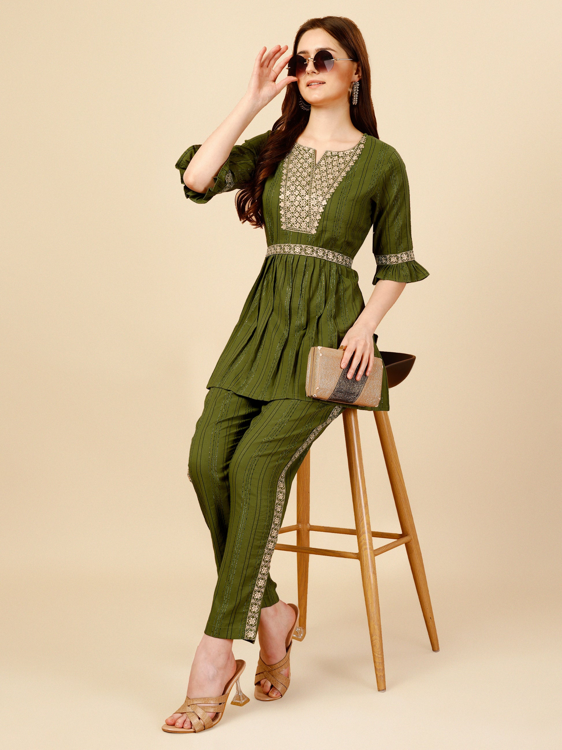 Green Embroidered Polyester V-Neck Co-ord Set