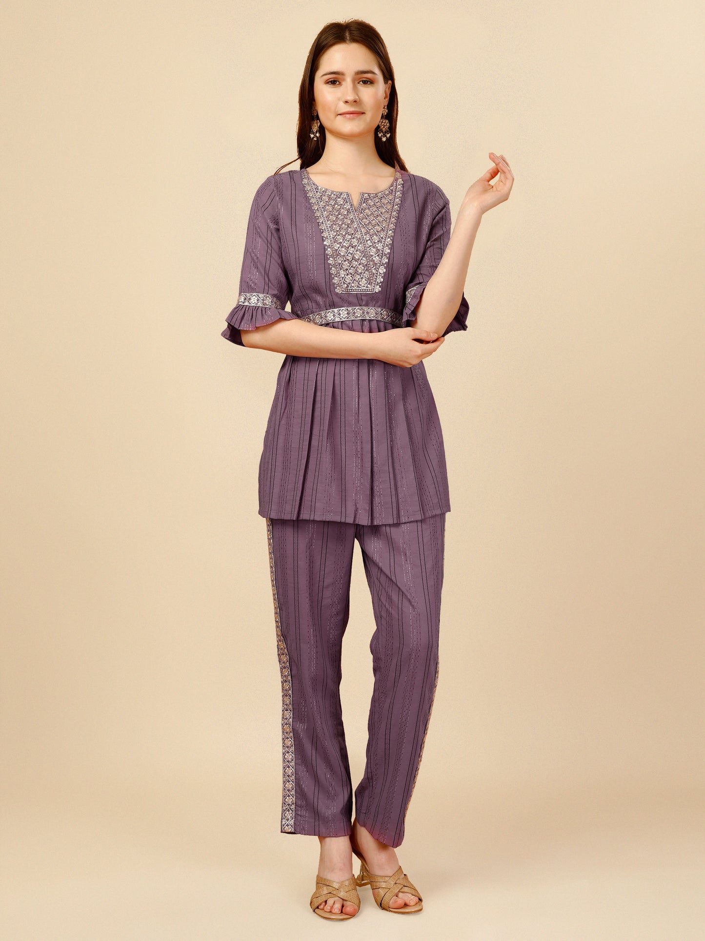 Purple Grey Embroidered Polyester V-Neck Co-ord Set