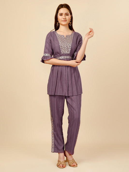 Purple Grey Embroidered Polyester V-Neck Co-ord Set