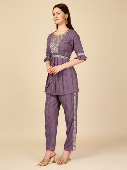 Purple Grey Embroidered Polyester V-Neck Co-ord Set