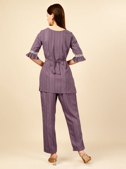 Purple Grey Embroidered Polyester V-Neck Co-ord Set