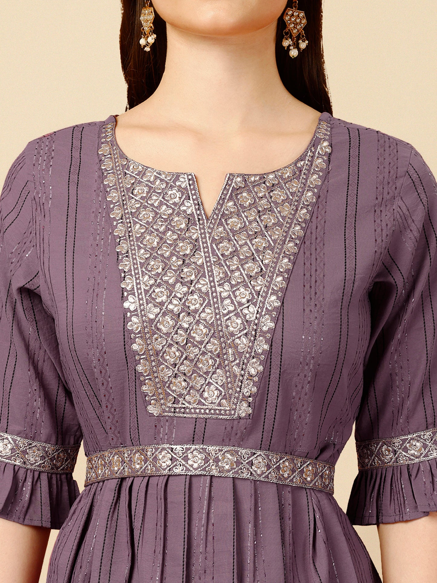 Purple Grey Embroidered Polyester V-Neck Co-ord Set