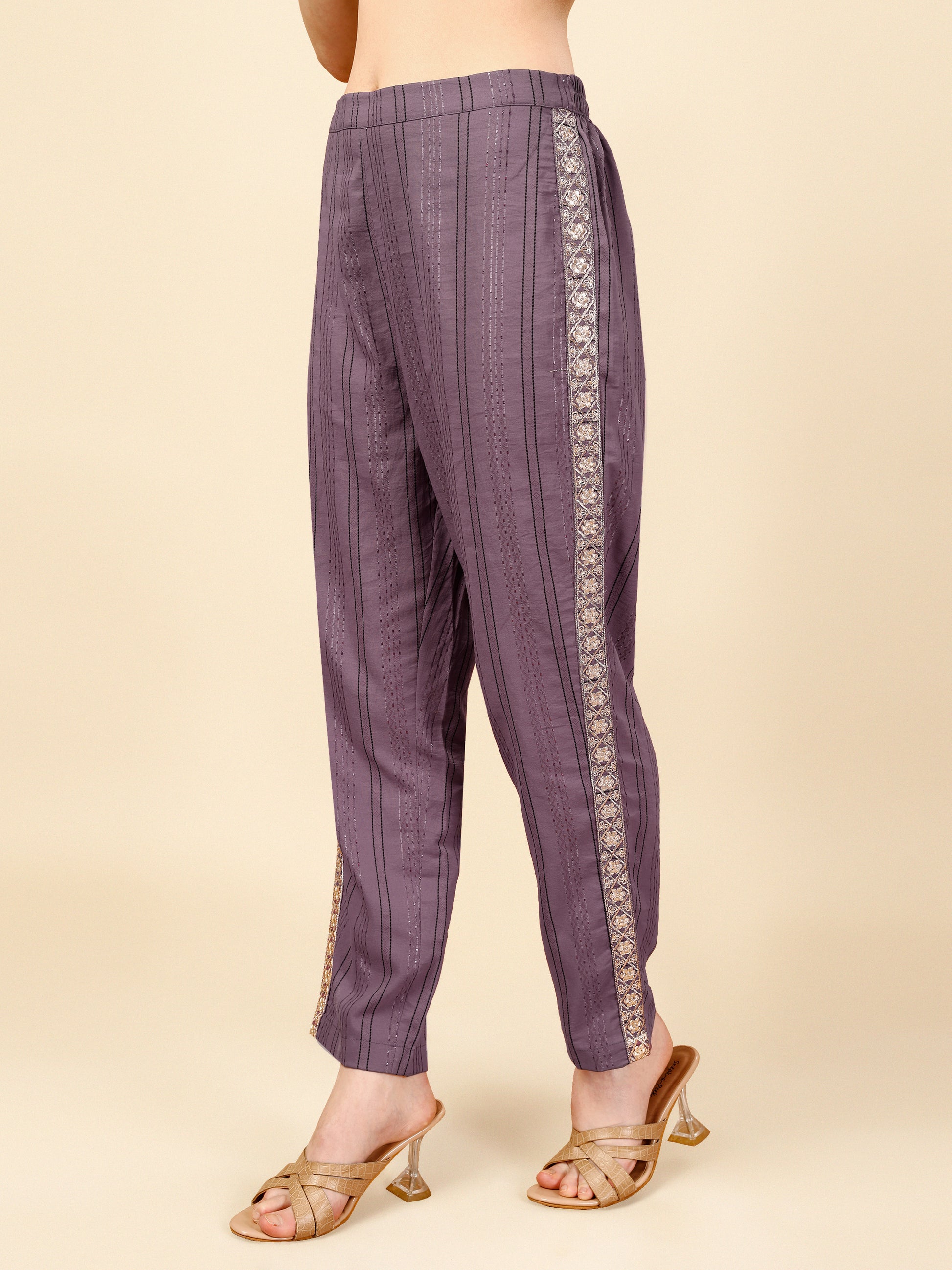 Purple Grey Embroidered Polyester V-Neck Co-ord Set