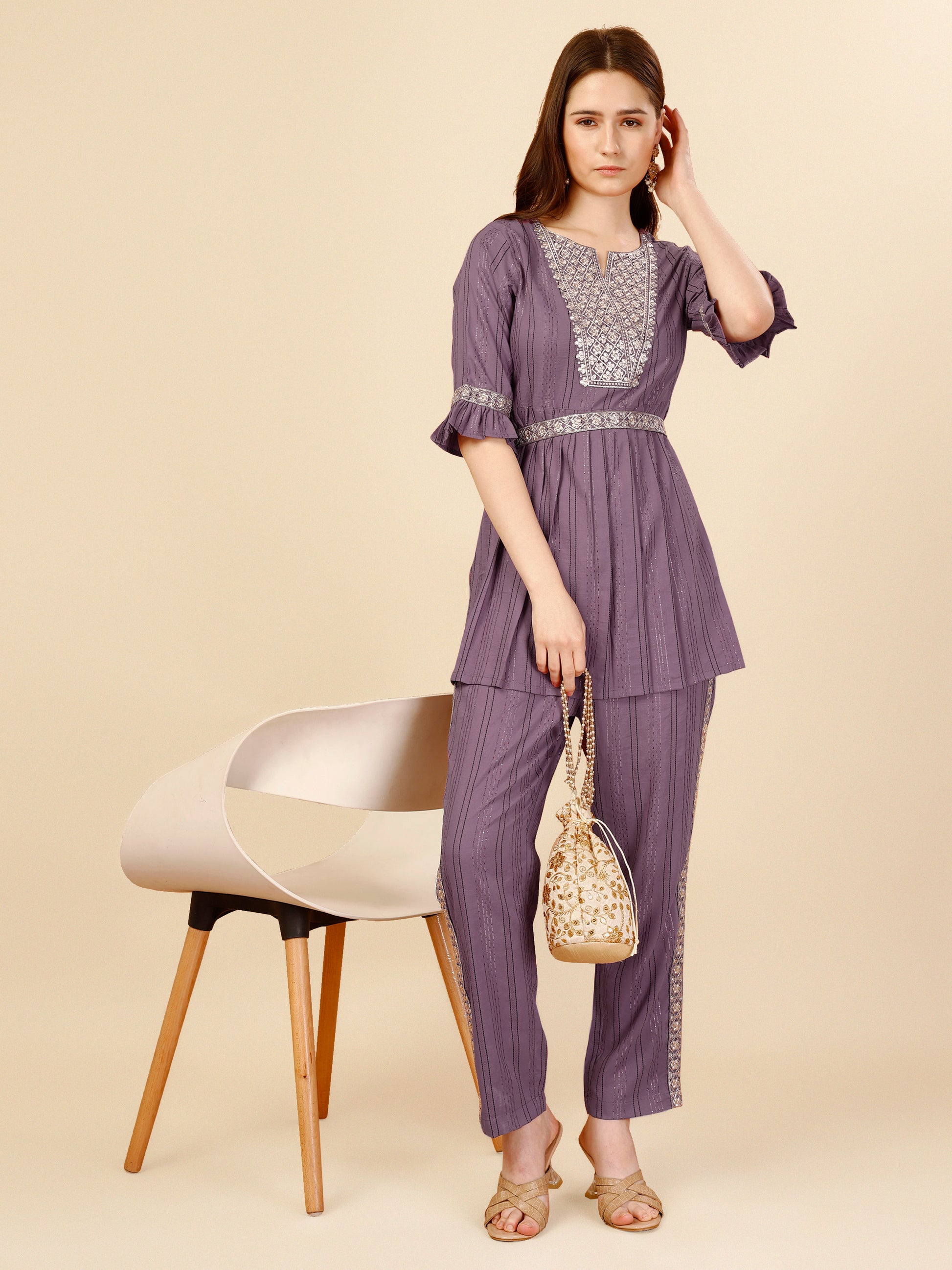 Purple Grey Embroidered Polyester V-Neck Co-ord Set