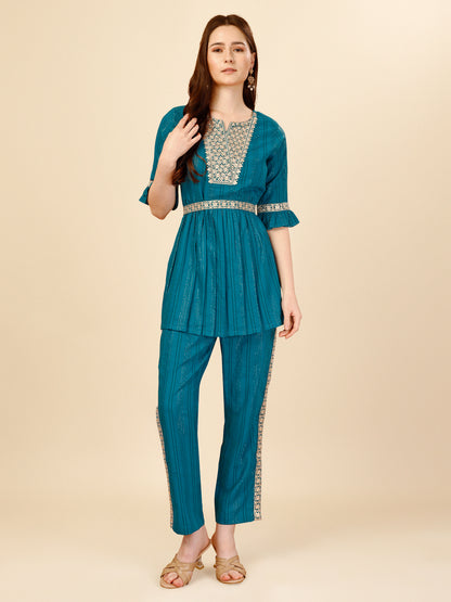 Blue Embroidered Polyester V-Neck Co-ord Set