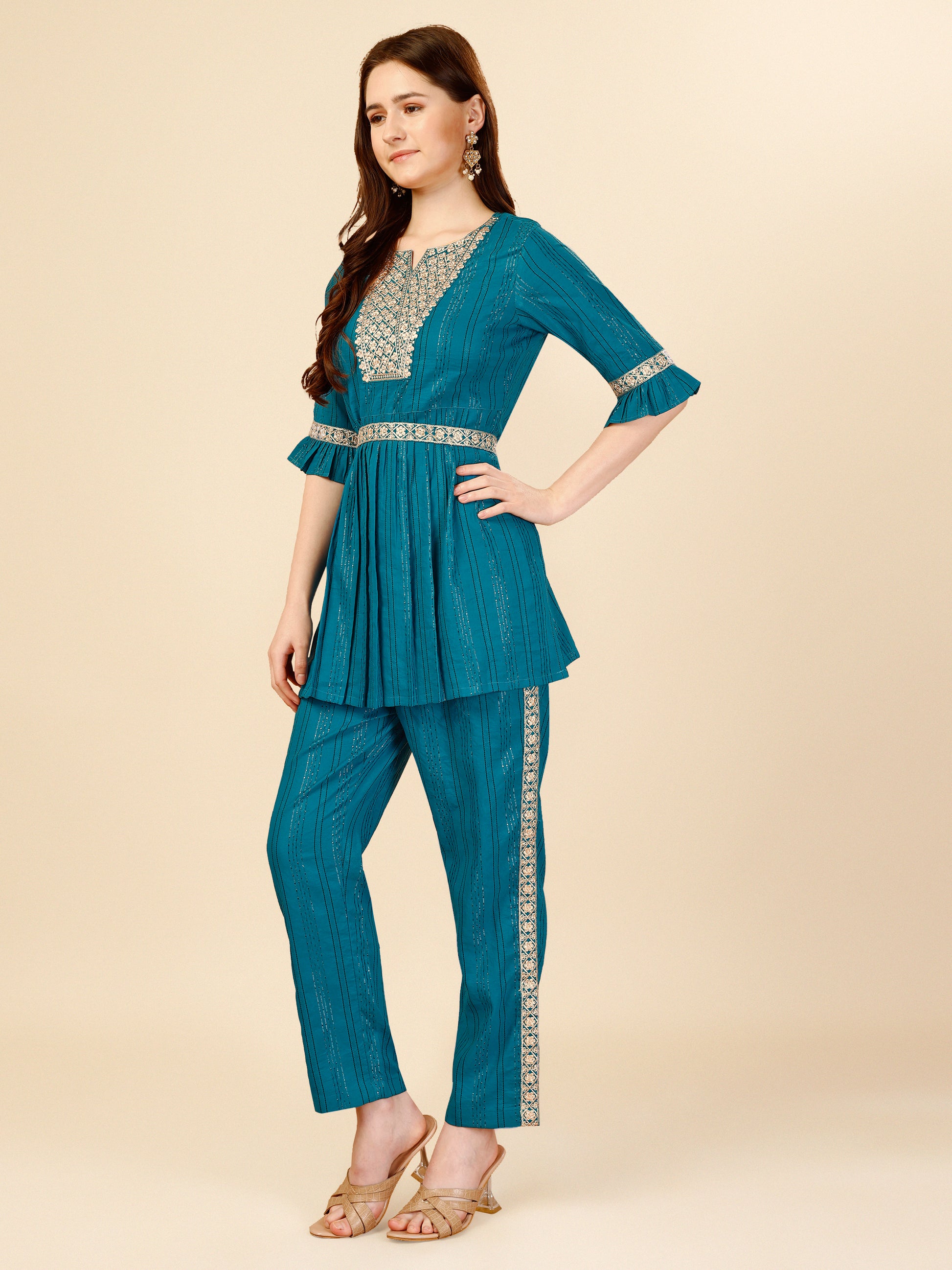 Blue Embroidered Polyester V-Neck Co-ord Set