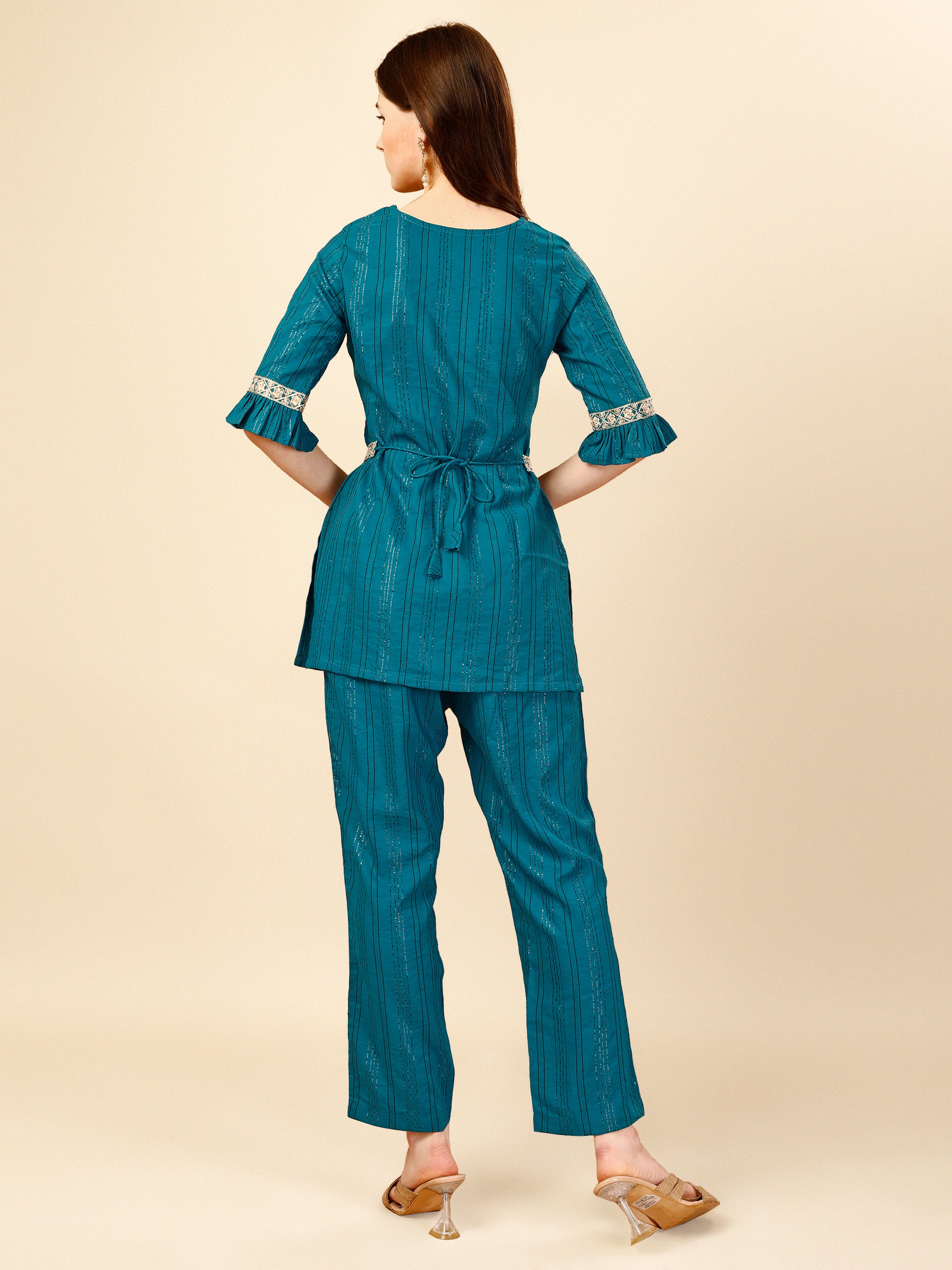 Blue Embroidered Polyester V-Neck Co-ord Set