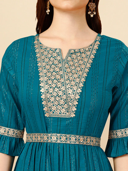 Blue Embroidered Polyester V-Neck Co-ord Set