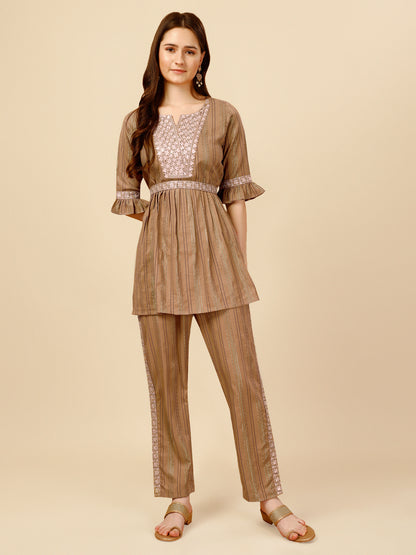 Brown Embroidered Polyester V-Neck Co-ord Set