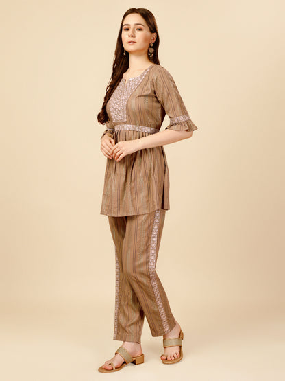 Brown Embroidered Polyester V-Neck Co-ord Set