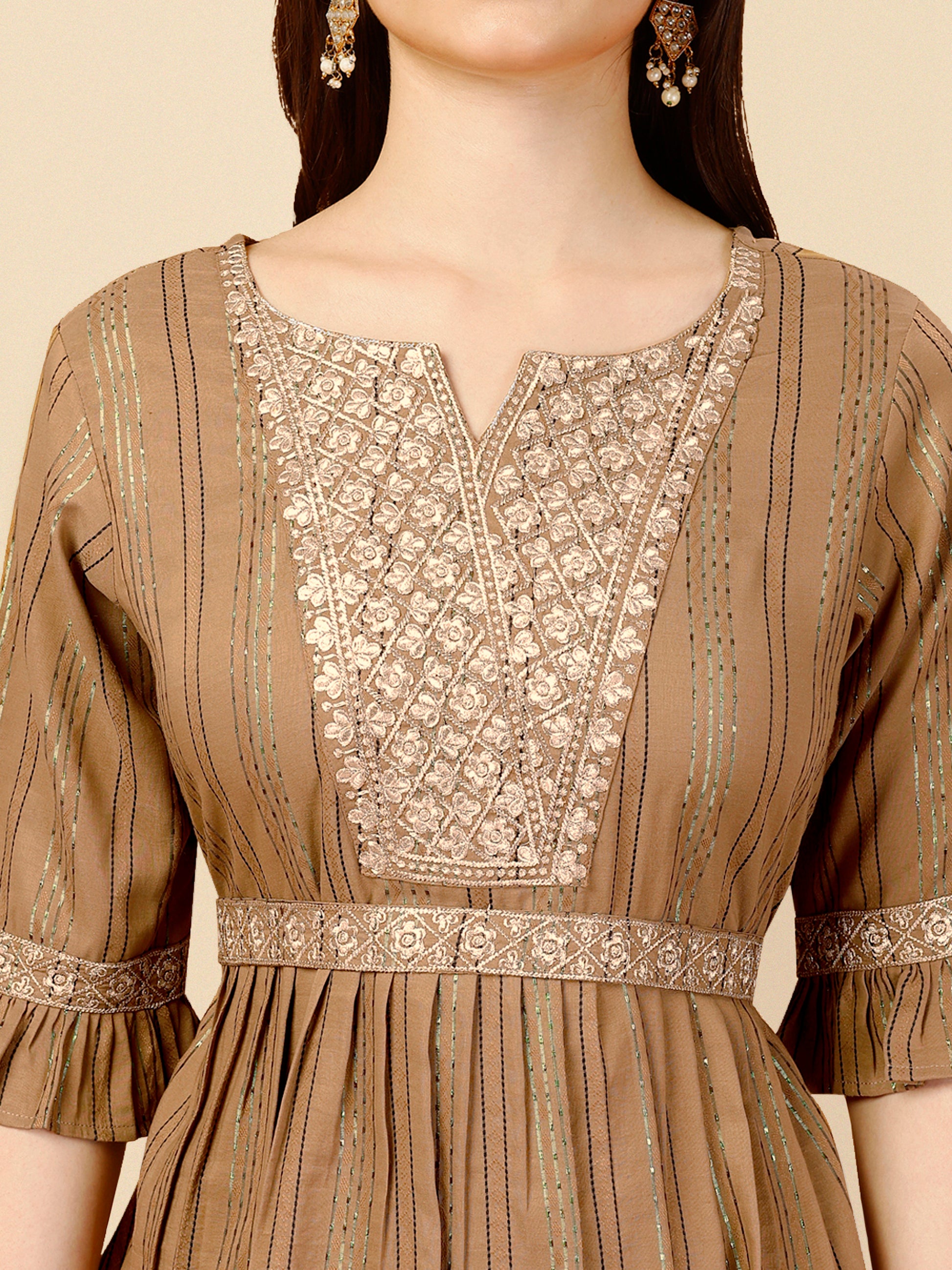 Brown Embroidered Polyester V-Neck Co-ord Set