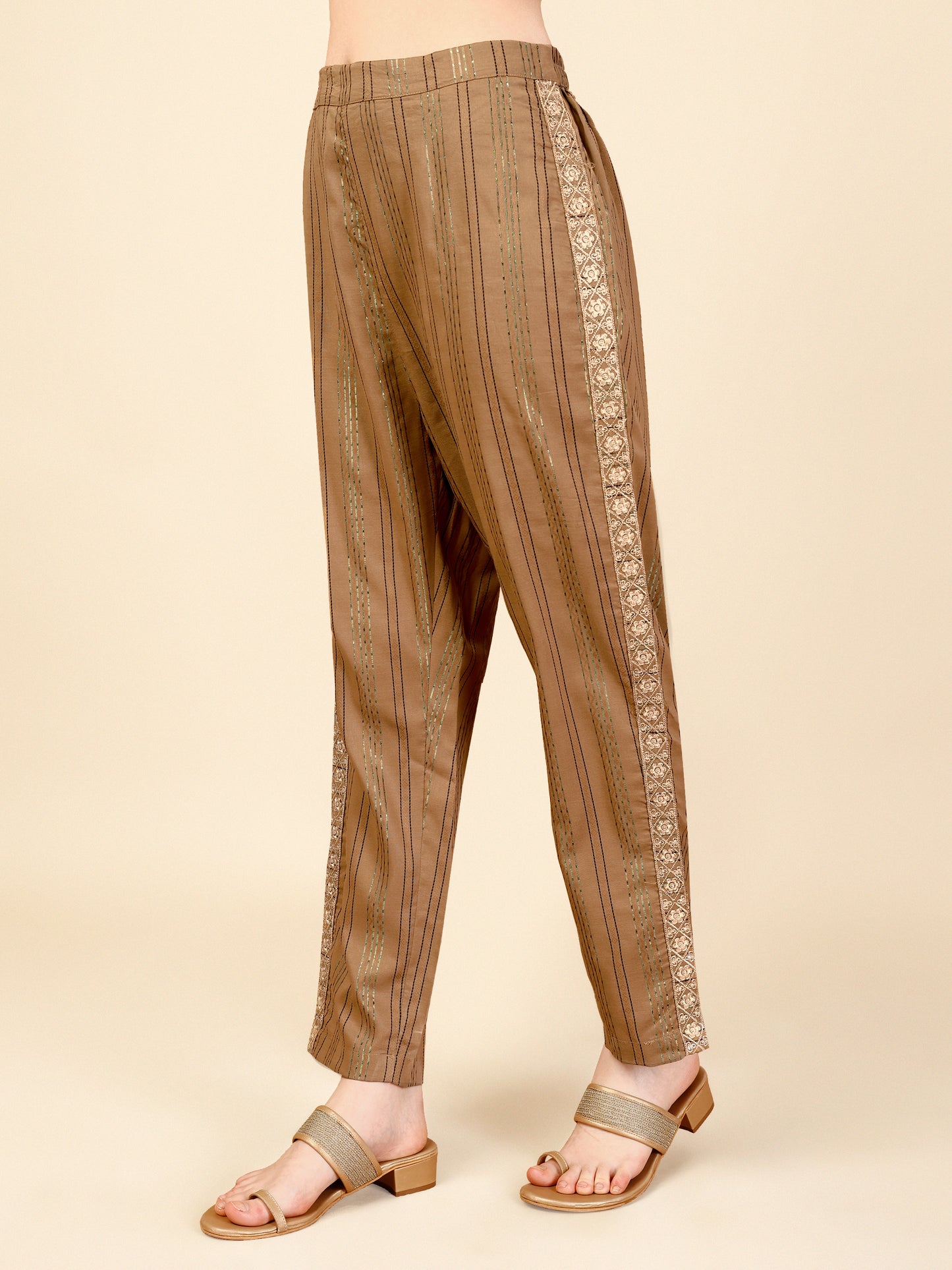 Brown Embroidered Polyester V-Neck Co-ord Set