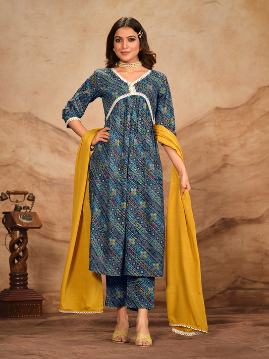 Blue Printed Flared Polyester V-Neck Kurta Set