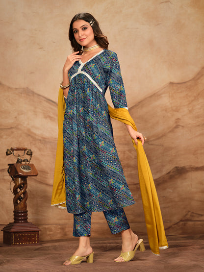 Blue Printed Flared Polyester V-Neck Kurta Set