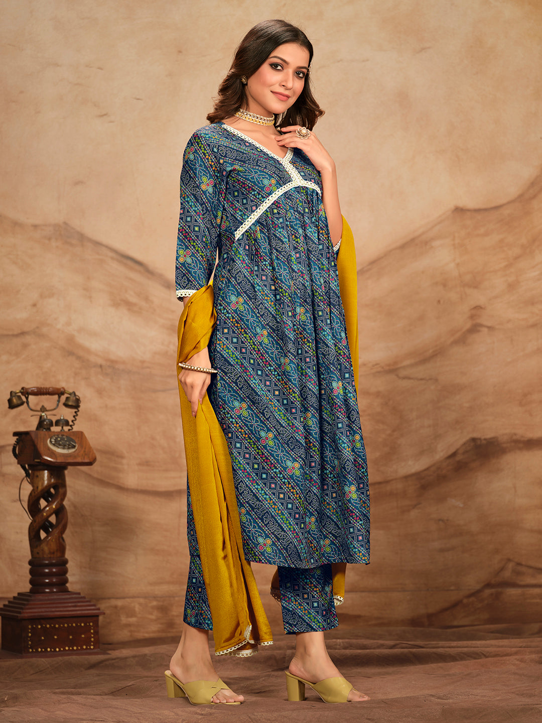 Blue Printed Flared Polyester V-Neck Kurta Set