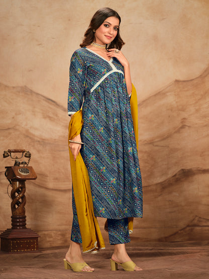 Blue Printed Flared Polyester V-Neck Kurta Set