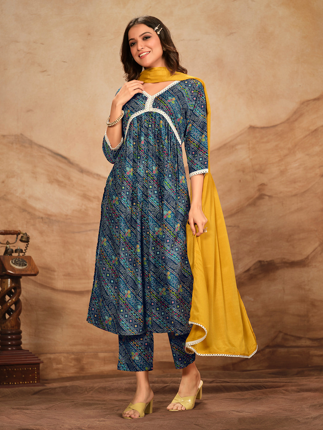 Blue Printed Flared Polyester V-Neck Kurta Set