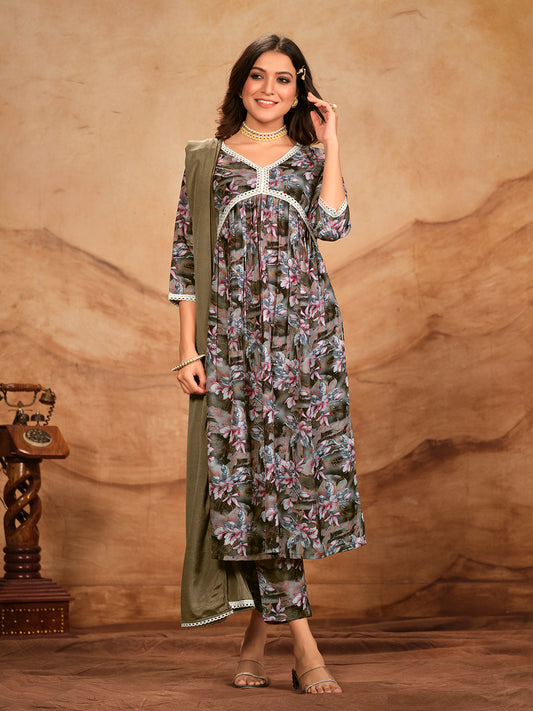 Grey Brown Printed Flared Polyester V-Neck Kurta Set