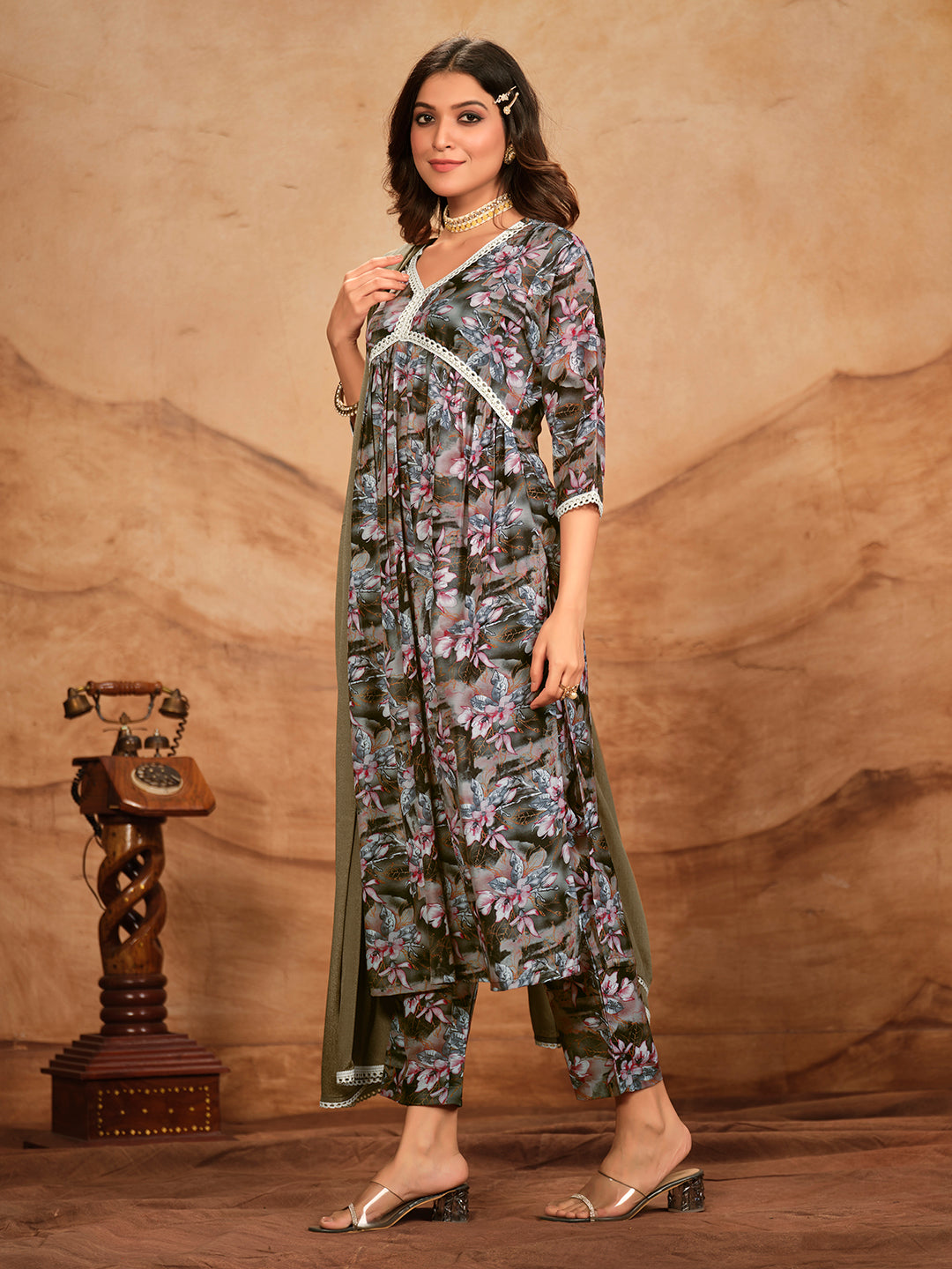 Grey Brown Printed Flared Polyester V-Neck Kurta Set