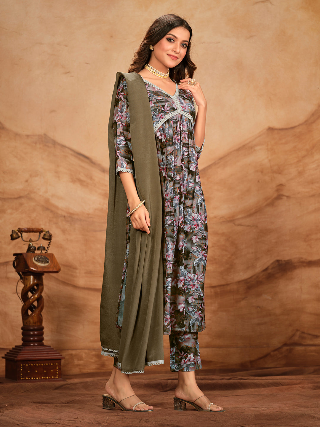 Grey Brown Printed Flared Polyester V-Neck Kurta Set