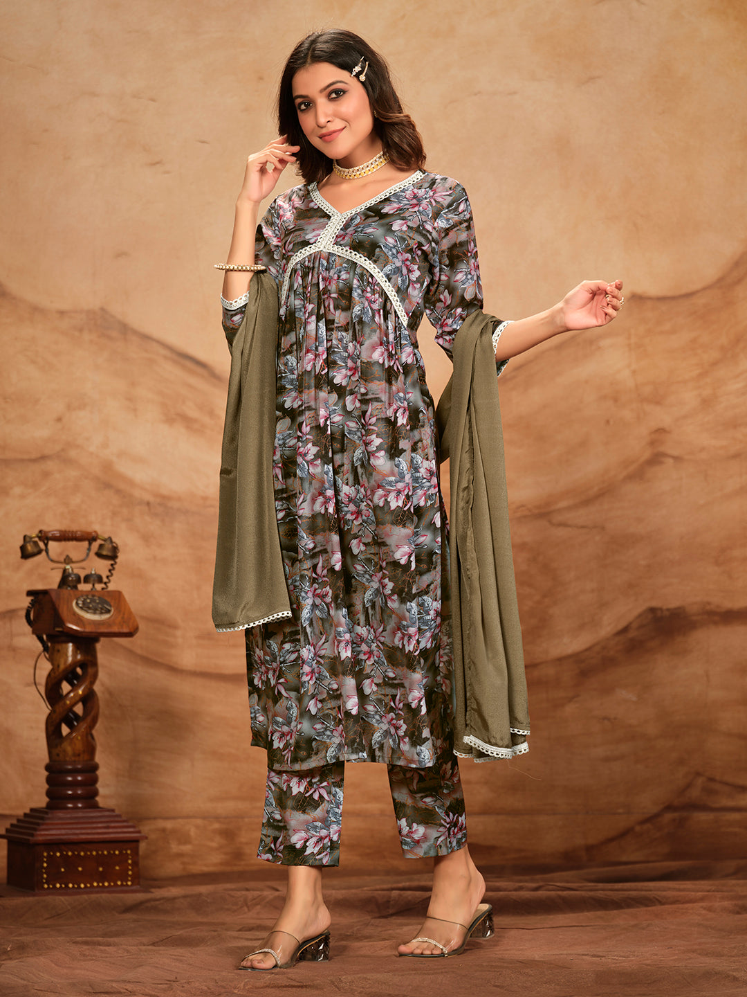 Grey Brown Printed Flared Polyester V-Neck Kurta Set