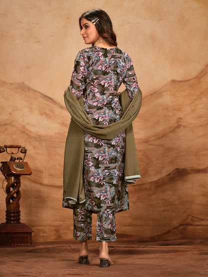 Grey Brown Printed Flared Polyester V-Neck Kurta Set