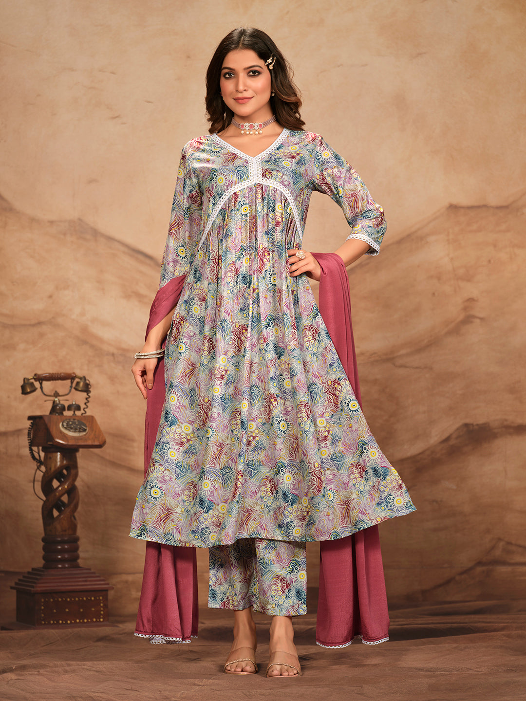 Multicolor Printed Flared Polyester V-Neck Kurta Set