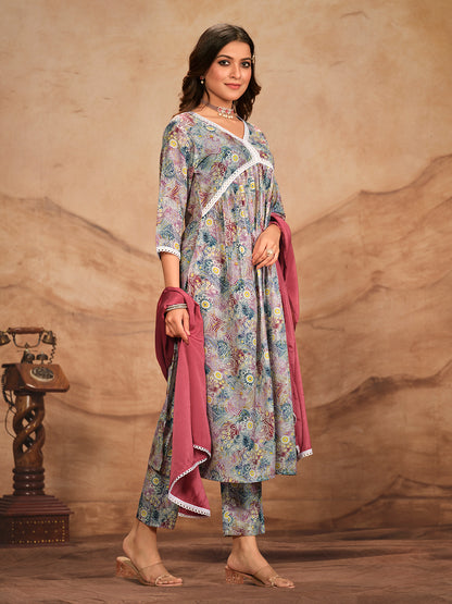 Multicolor Printed Flared Polyester V-Neck Kurta Set