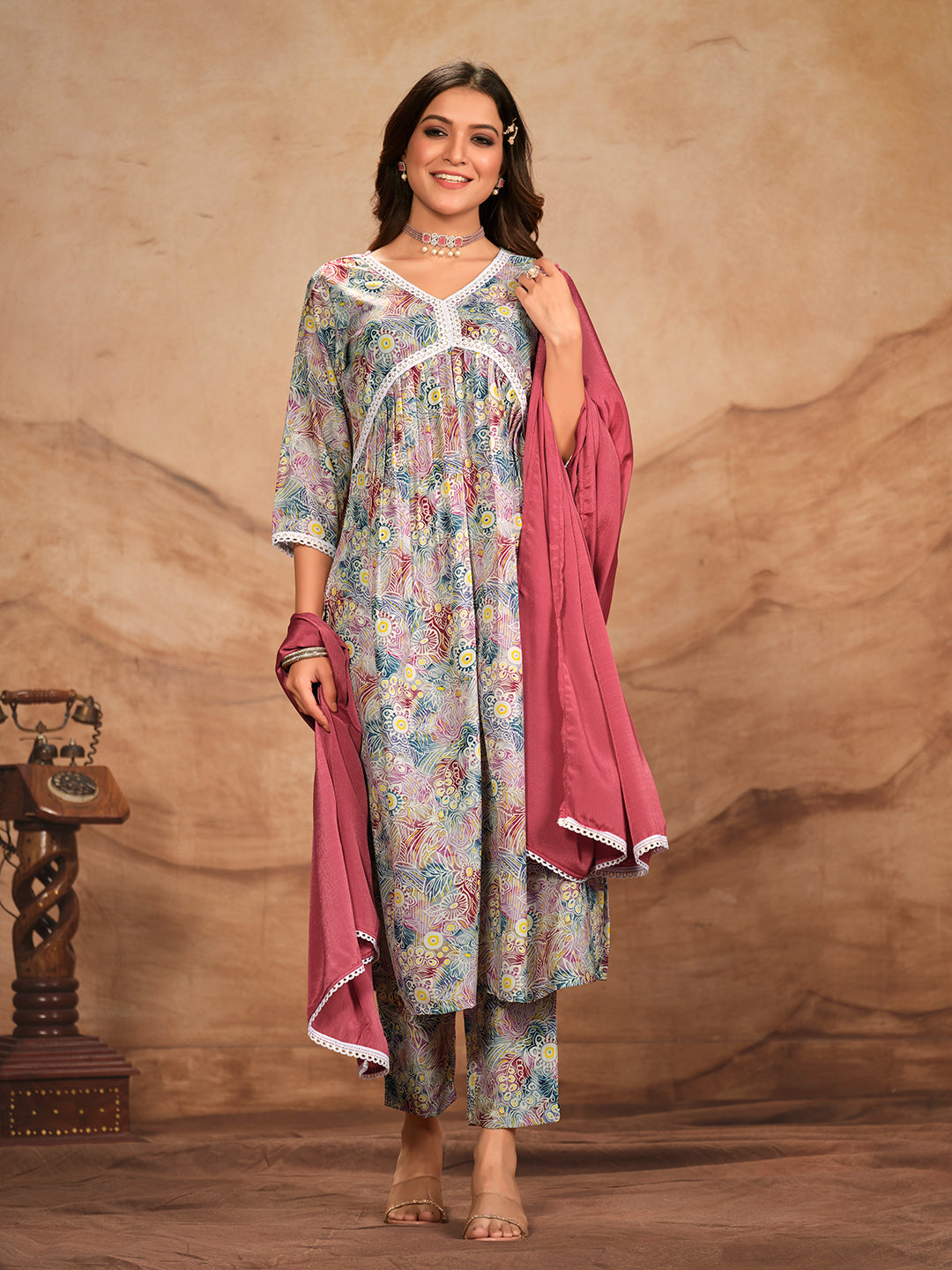 Multicolor Printed Flared Polyester V-Neck Kurta Set