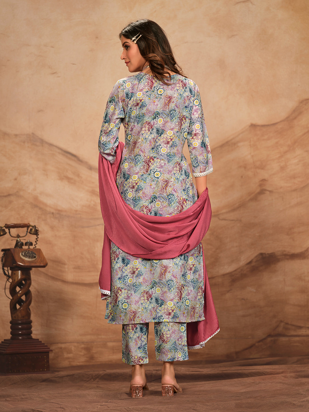 Multicolor Printed Flared Polyester V-Neck Kurta Set