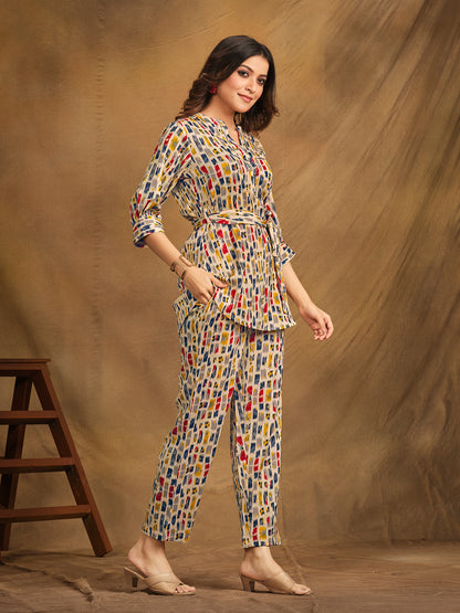 Yellow Printed Straight Polyester V-Neck Co-ord Set