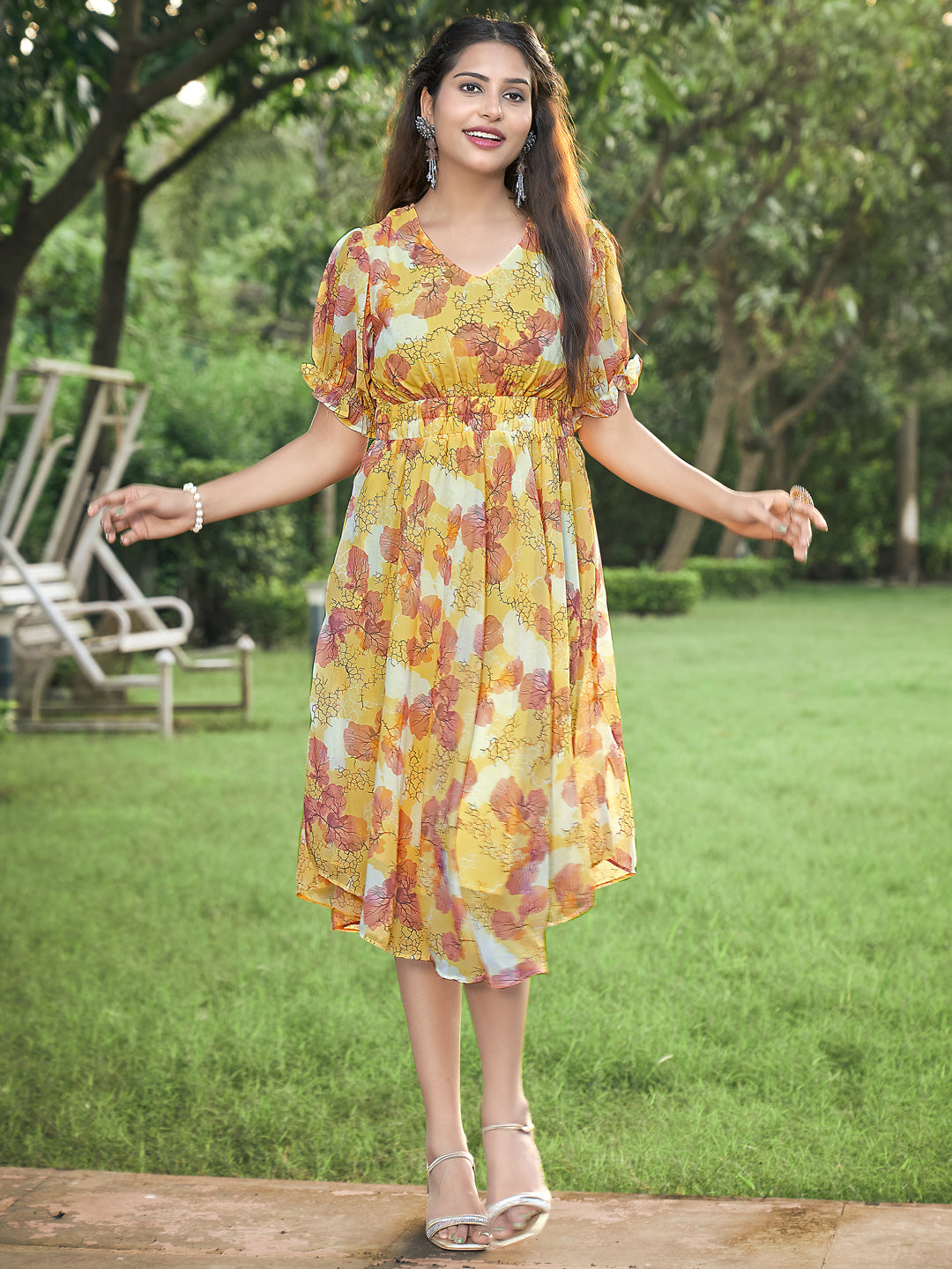 Yellow Floral Printed V-Neck Dress