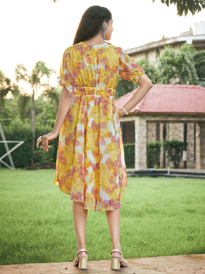 Yellow Floral Printed V-Neck Dress