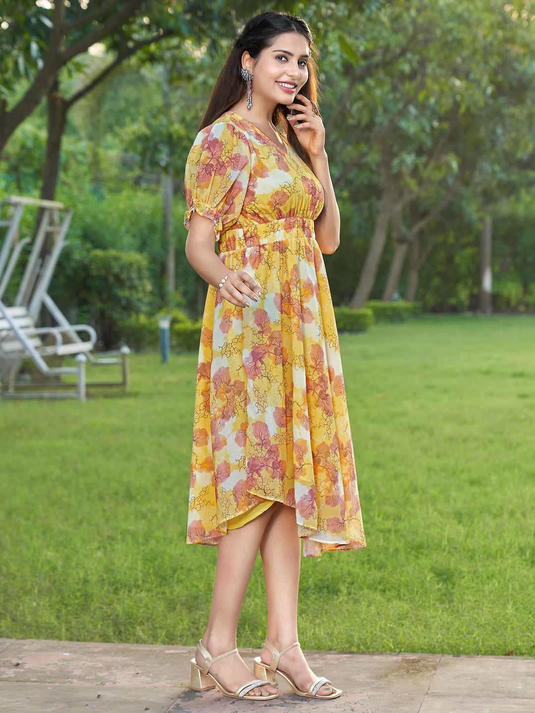 Yellow Floral Printed V-Neck Dress