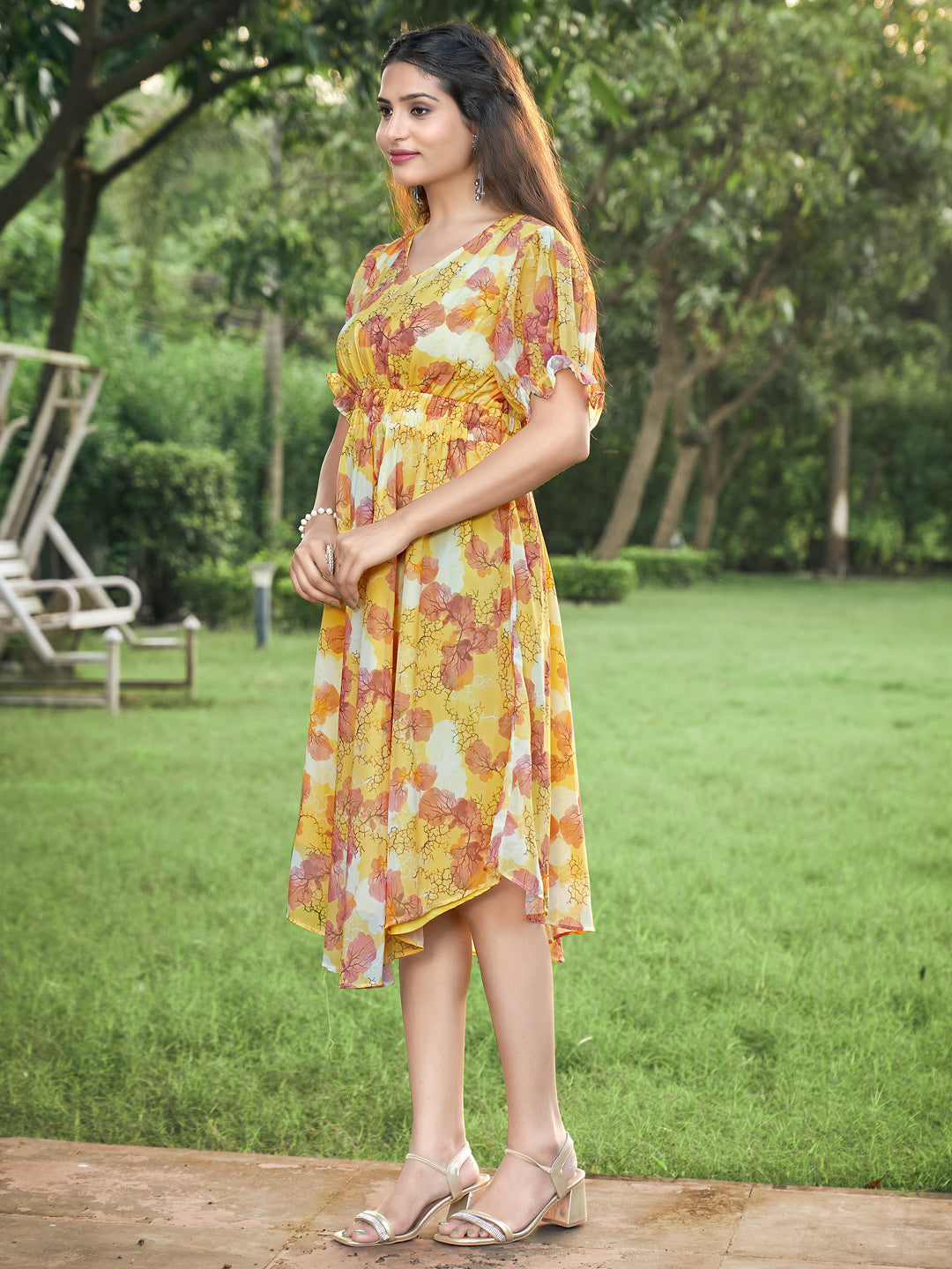 Yellow Floral Printed V-Neck Dress